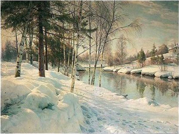 Solklar Aprildag Med Sne Hundselven Ved Raufoss. Norge (april Sunshine, Raufoss) Oil Painting by Peder Mork Monsted