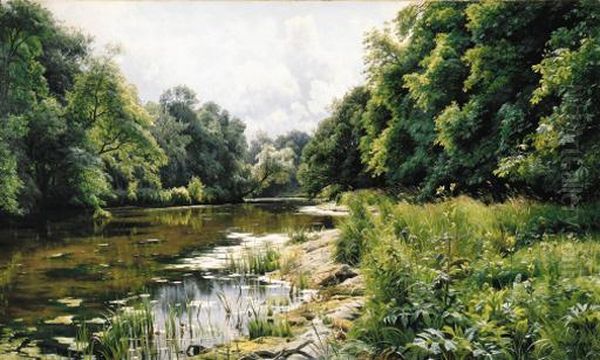 A Wooded Riverlandscape
Oil On Canvas Oil Painting by Peder Mork Monsted