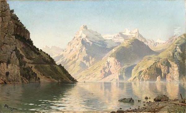 A Springtime Mountain Landscape Oil Painting by Peder Mork Monsted