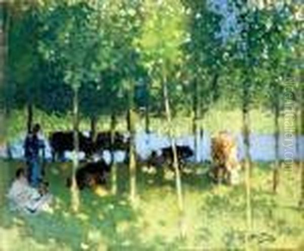 Animaux Sous Les Peupliers Oil Painting by Pierre Eugene Montezin