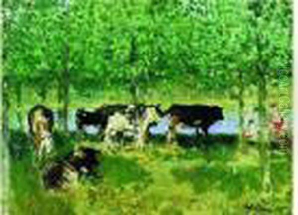 Animaux Sous Les Peupliers Oil Painting by Pierre Eugene Montezin