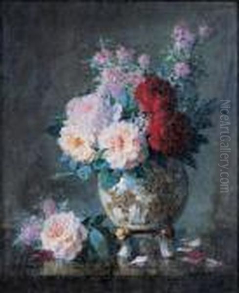 Vase De Roses Oil Painting by Pierre Eugene Montezin