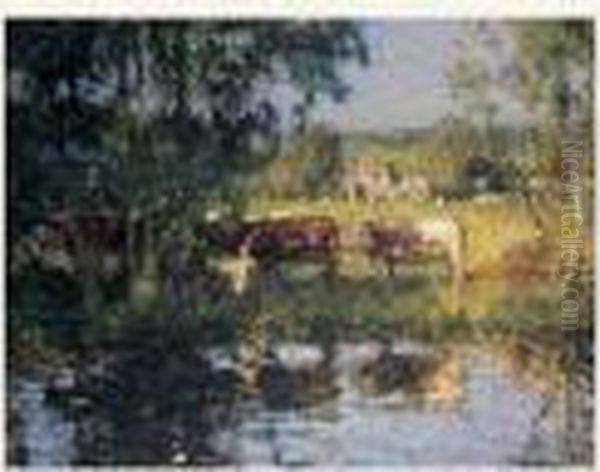 Vaches A La Mare Oil Painting by Pierre Eugene Montezin