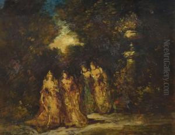 Four Women In A Garden Oil Painting by Adolphe Joseph Thomas Monticelli