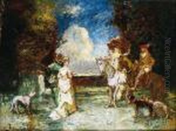 Couple De Cavaliers Et Couple A Pied Conversant Et Accompagnes De Leurs Chiens Oil Painting by Adolphe Joseph Thomas Monticelli
