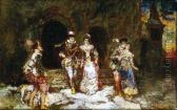 Couples Galants Sortant Du Palais Oil Painting by Adolphe Joseph Thomas Monticelli