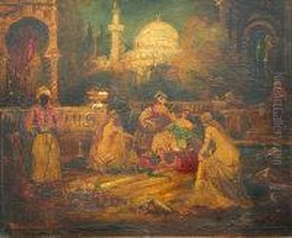 Four Maidens On A Verandah Oil Painting by Adolphe Joseph Thomas Monticelli