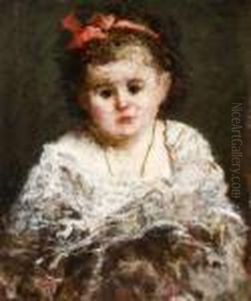 La Petite Fille Au Ruban Rouge Oil Painting by Adolphe Joseph Thomas Monticelli