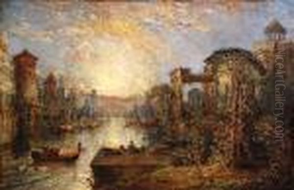 A Capriccio Canal Scene Oil Painting by Adolphe Joseph Thomas Monticelli