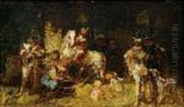 Cavaliers, Chien Et Enfants Dans Un Sous-bois Oil Painting by Adolphe Joseph Thomas Monticelli