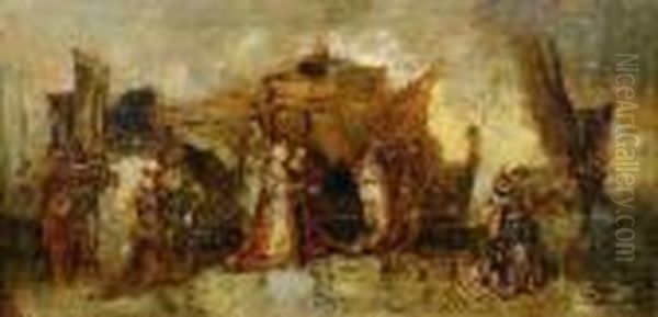 Femmes, Hommes Et Chien Devant Un Bateau Oil Painting by Adolphe Joseph Thomas Monticelli