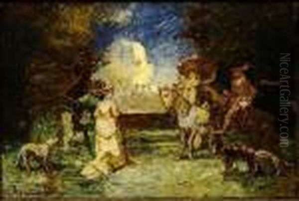 Couple De Cavaliers Parlant Avec Un Couple A Pied Et Chiens Oil Painting by Adolphe Joseph Thomas Monticelli