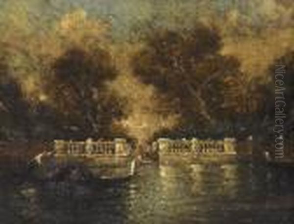 Venezianische Partie Mit Gondeln Oil Painting by Adolphe Joseph Thomas Monticelli