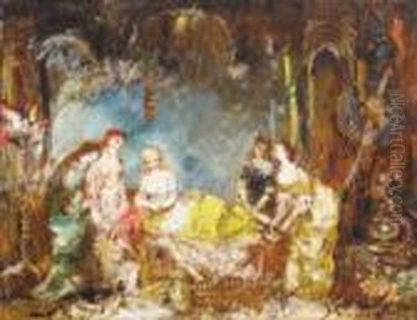 Courtisanes Au Perroquet Oil Painting by Adolphe Joseph Thomas Monticelli