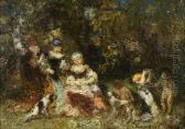 Femmes Et Enfants Dans Un Bois Oil Painting by Adolphe Joseph Thomas Monticelli