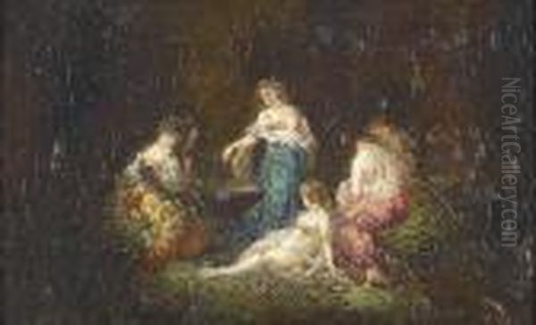 Vier Frauen In Park. Oil Painting by Adolphe Joseph Thomas Monticelli