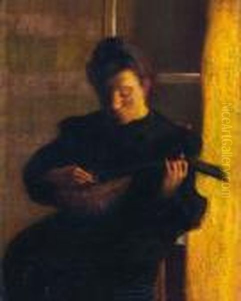 Dama Tocando El Laud Oil Painting by Adolphe Joseph Thomas Monticelli