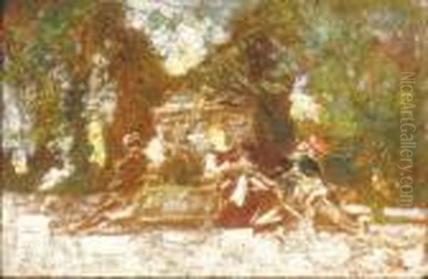 La Conversation A La Fontaine Oil Painting by Adolphe Joseph Thomas Monticelli