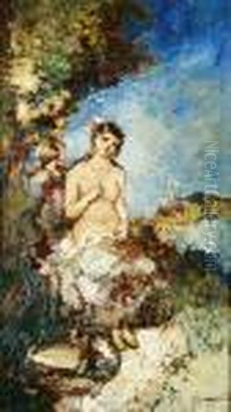 Jeune Fille Au Chat Oil Painting by Adolphe Joseph Thomas Monticelli