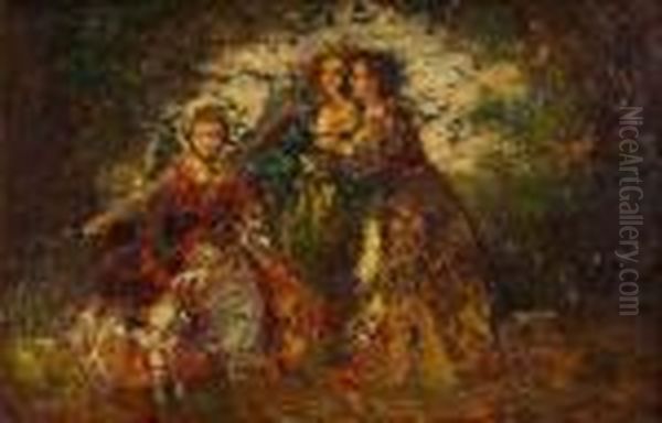 Ladies And A Dog Oil Painting by Adolphe Joseph Thomas Monticelli