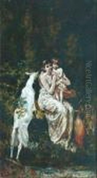 La Mere Et L'enfant Oil Painting by Adolphe Joseph Thomas Monticelli