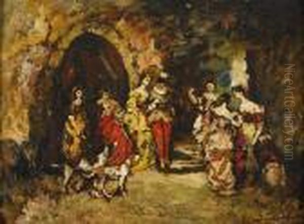 Figures In An Interior Oil Painting by Adolphe Joseph Thomas Monticelli