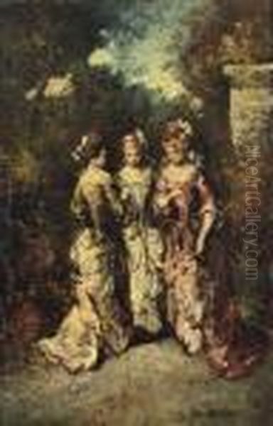 Les Trois Graces: Elegant Young Women In A Garden Oil Painting by Adolphe Joseph Thomas Monticelli