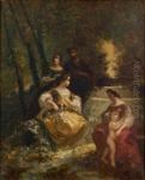 Personnages Et Chien Dans Un Parc Oil Painting by Adolphe Joseph Thomas Monticelli