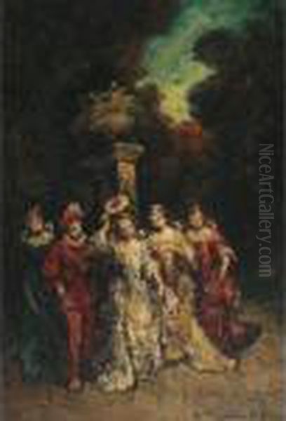 Figures In Front Of Statuary Oil Painting by Adolphe Joseph Thomas Monticelli