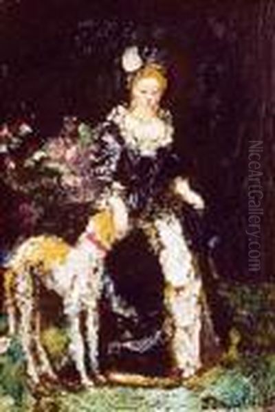 Jeune Femme Au Levrier Oil Painting by Adolphe Joseph Thomas Monticelli