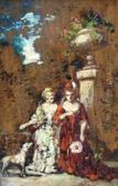 Manner Of Adolphe J Monticelli, French -1896- 'scene Dans Le Parc' Oil Painting by Adolphe Joseph Thomas Monticelli