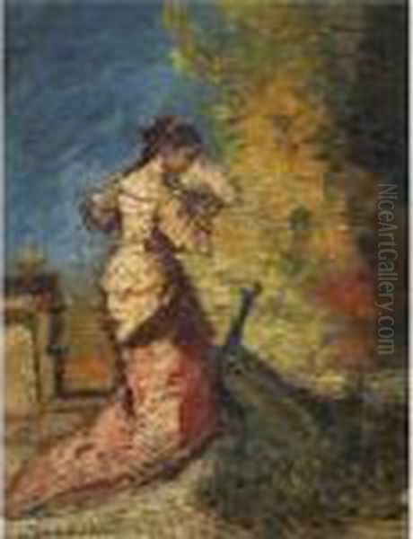 Femme Au Paon Oil Painting by Adolphe Joseph Thomas Monticelli
