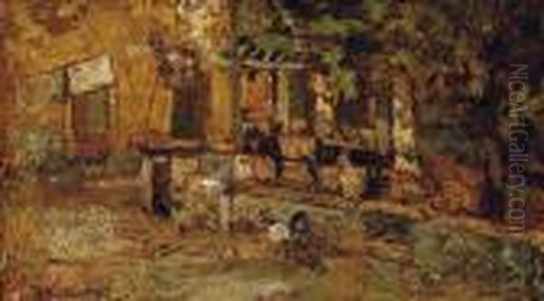 Cour De Ferme Avec Un Ane Et Des Coqs Oil Painting by Adolphe Joseph Thomas Monticelli