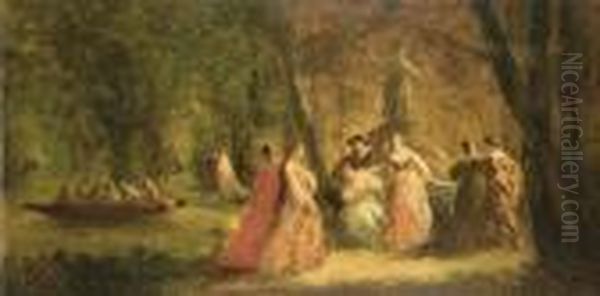 Femmes Au Parc Pres D'une Riviere Oil Painting by Adolphe Joseph Thomas Monticelli