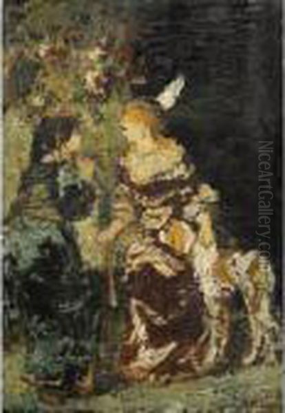 Deux Femmes Et Un Chien [ ; Two 
Women With A Dog ; Oil On Panel Unframed ; Signed Lower Right] Oil Painting by Adolphe Joseph Thomas Monticelli