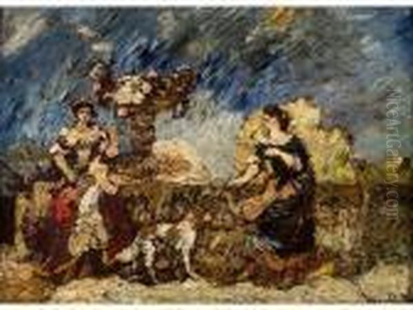 :la Conversation Pres Du Puit Oil Painting by Adolphe Joseph Thomas Monticelli