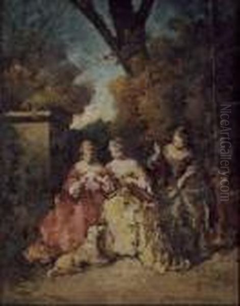 Gruppo Di Donne Con Cane In Un Parco Oil Painting by Adolphe Joseph Thomas Monticelli