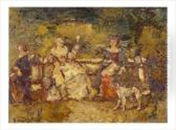 Trois Femmes Et Un Chien Dans Un Parc Oil Painting by Adolphe Joseph Thomas Monticelli