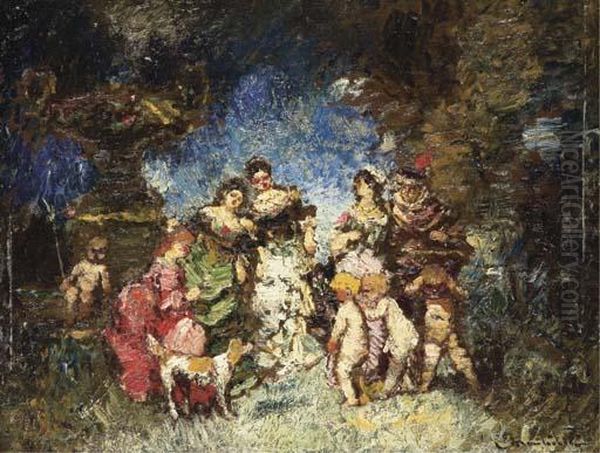 Femmes Et Enfants Au Parc Oil Painting by Adolphe Joseph Thomas Monticelli