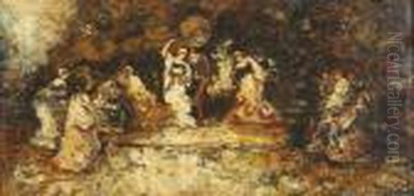 Elegante Gesellschaft Beim Tanz. Oil Painting by Adolphe Joseph Thomas Monticelli