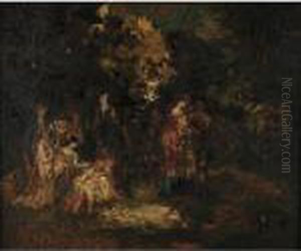 Elegant Company In A Forrest Oil Painting by Adolphe Joseph Thomas Monticelli