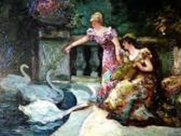 Feeding The Swans Oil Painting by Adolphe Joseph Thomas Monticelli