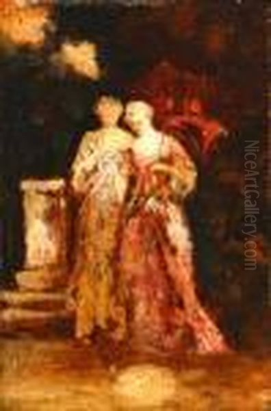 Female Figures In A Landscape Oil Painting by Adolphe Joseph Thomas Monticelli