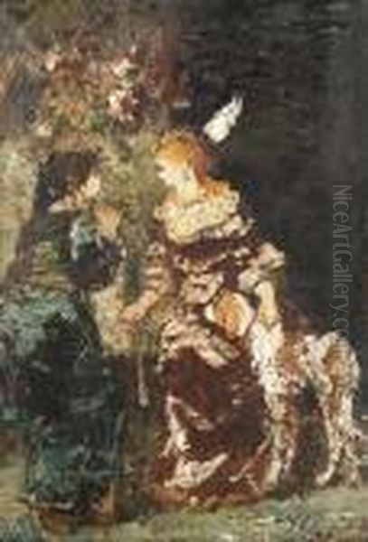 Deux Elegantes Avec Un Chien Oil Painting by Adolphe Joseph Thomas Monticelli