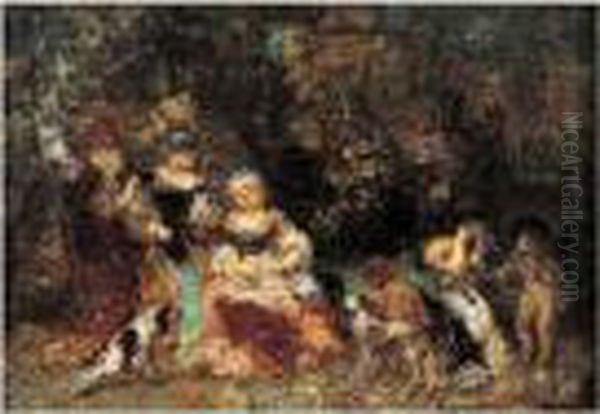 Femmes Et Enfants Dans Un Bois, Circa 1870-1872 Oil Painting by Adolphe Joseph Thomas Monticelli