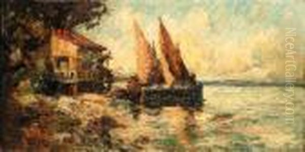 Barques Au Rivage Oil Painting by Adolphe Joseph Thomas Monticelli
