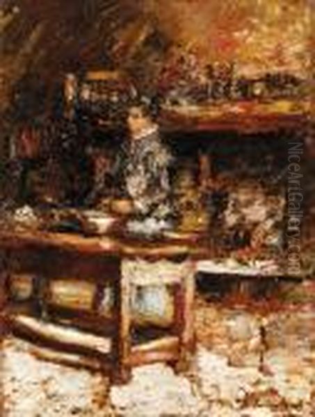 Madame Dufour In Her Kitchen Oil Painting by Adolphe Joseph Thomas Monticelli