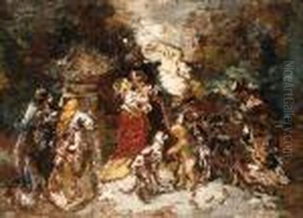 Rendez-vous Sous La Vasque Fleurie Oil Painting by Adolphe Joseph Thomas Monticelli