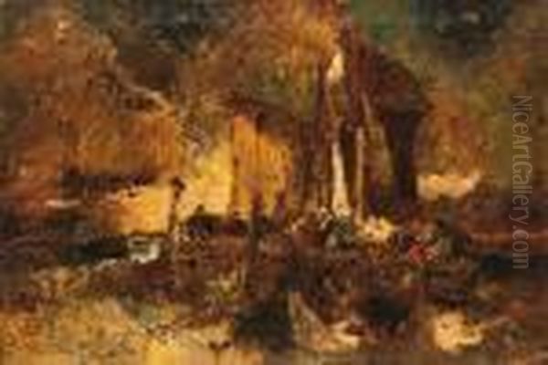 Fishermen Lifting The Nets Before The Storm, Coastal Scene Oil Painting by Adolphe Joseph Thomas Monticelli