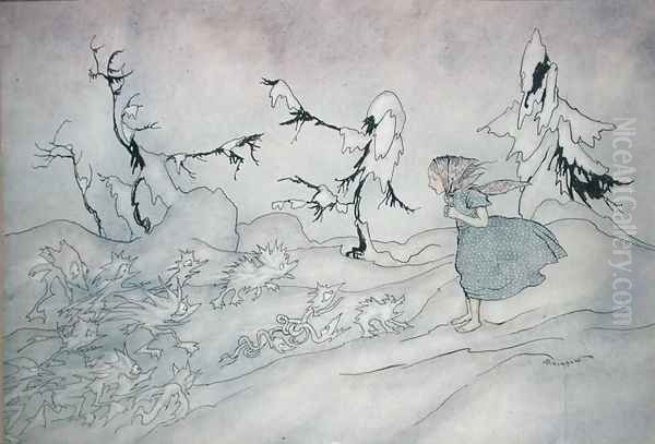 Gerda is terrified by the Snow Queens advance guard, but she said Our Father and is rescued by little bright angels, illustration from The Snow Queen by Hans Christian Andersen, published 1932 Oil Painting by Arthur Rackham